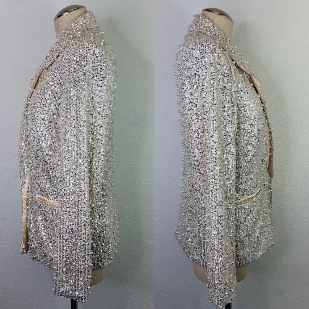 Mable Sequined Faux Pearl Beaded Champagne Blazer Lined Size S, shiny, party - Picture 7 of 9